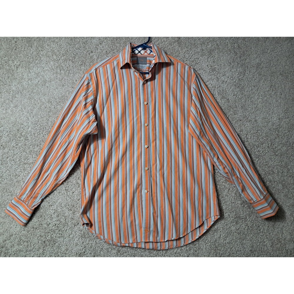 Thomas Dean Button Down Shirt Mens Medium Orange Blue Striped Long Staple Cotton